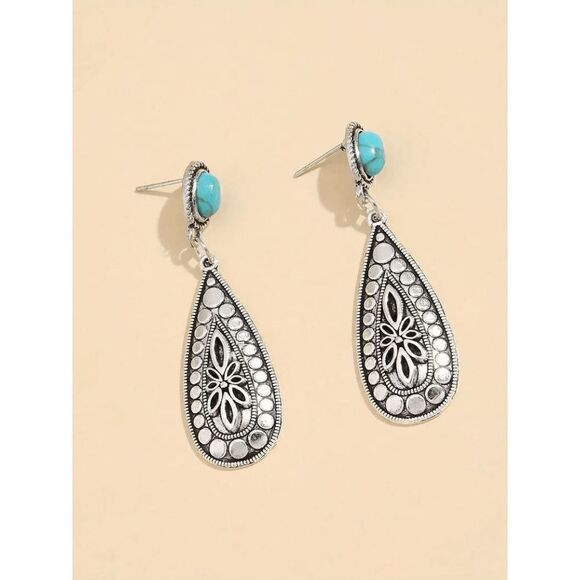 Western Water Drop Silver Turquoise Dangle Earrings - Picture 3 of 6